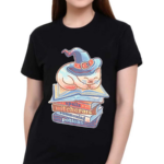 A Cat Sleeping Atop A Stack Of Books On Spells Witchcraft Summoning And Potions 2024 Shirt