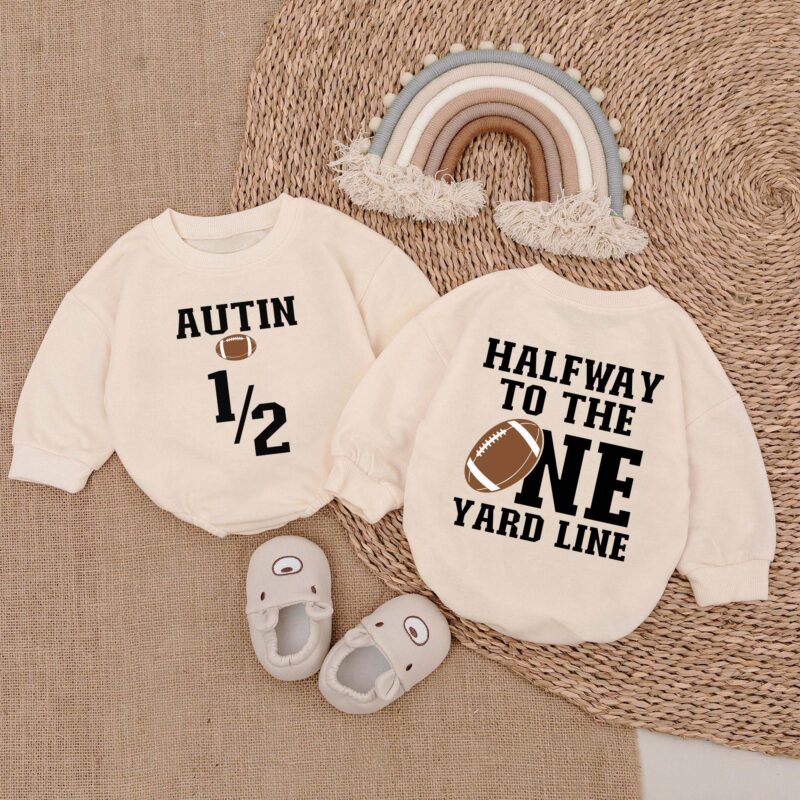 Custom Halfway To The One Yard Line Football Birthday Matching Baby Romper