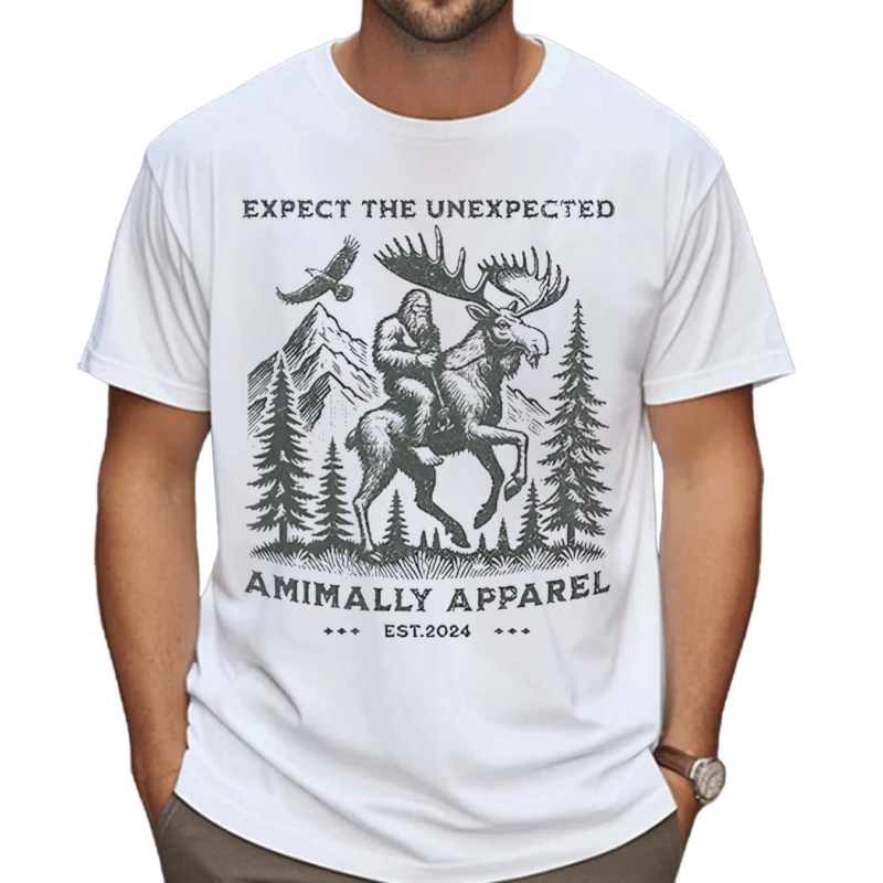 Expect The Unexpected Animally Apparel Canadian Sasquatch Riding A Moose Est 2024 Shirt