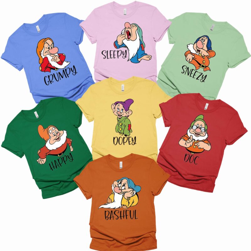 Snow White And Seven Dwarfs Halloween Costume Group Matching Shirt, Grumpy Happy Sleepy Sneezy Bashful Dopey Doc Family Group Shirt