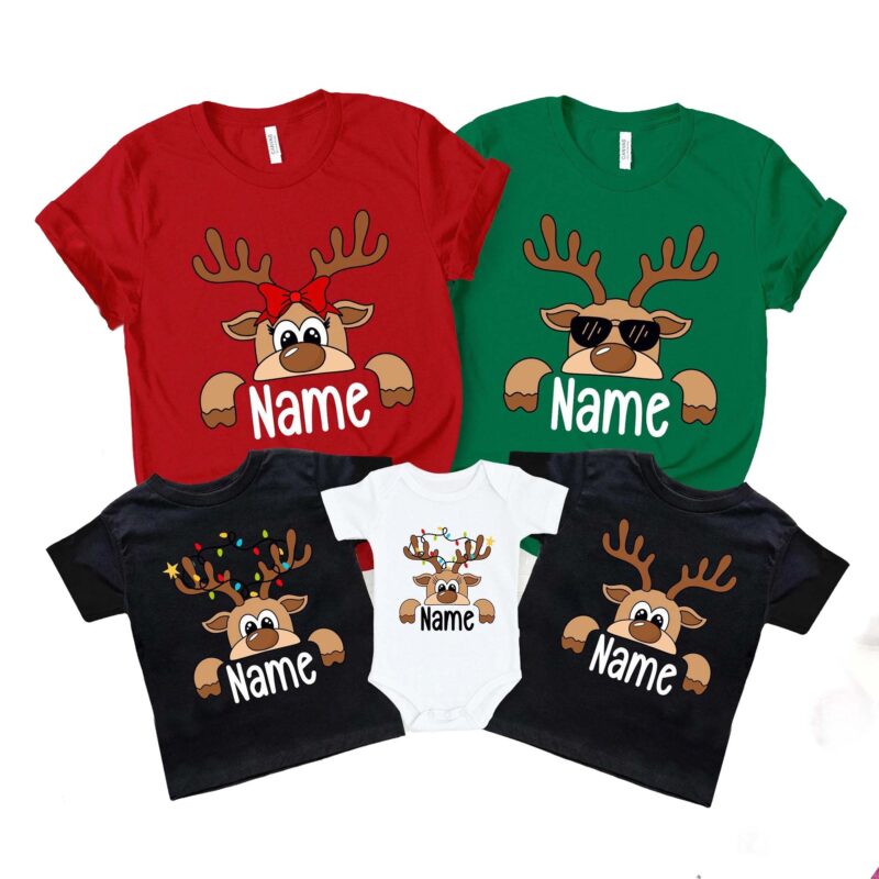 Reindeer Custom With Name Christmas Family Matching Group Shirt