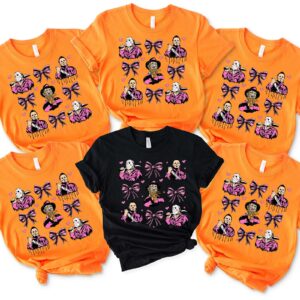 Horror Mugshot Movie Characters With Coquette Bow Matching Family Halloween Shirt