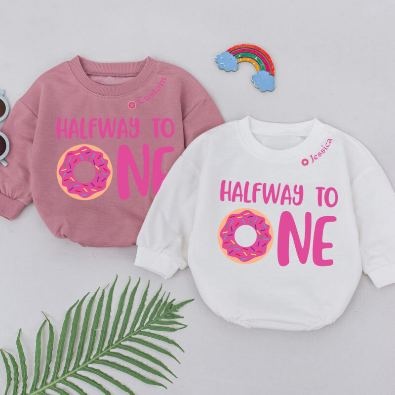 Custom Half Way To One Donut Birthday Matching Baby Romper