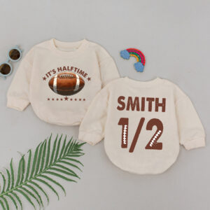 Custom Name And Number Football Its Half Time Baby Romper