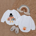 Custom Name Little Turkey Pilgrim Hat Thanksgiving Baby Romper