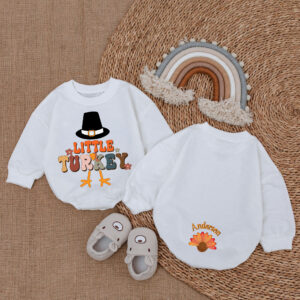 Custom Name Little Turkey Pilgrim Hat Thanksgiving Baby Romper