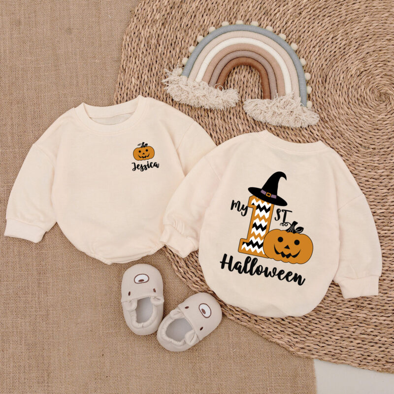 Custom Name My First Halloween Little Pumpkin Matching Baby Romper