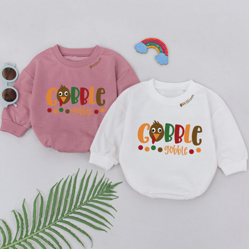 Custom Name Little Turkey Gobble Gobble Baby Romper