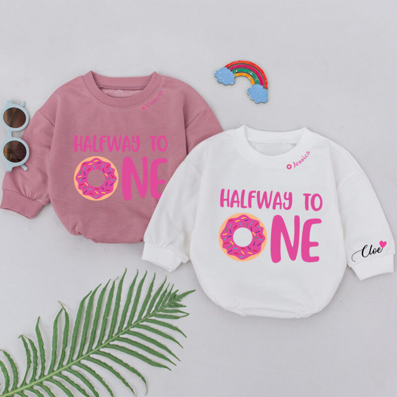 Custom Name Half Way To One Donut Birthday Baby Romper