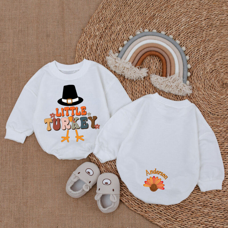 Custom Name Little Turkey Pilgrim Hat Thanksgiving Baby Romper