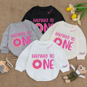 Custom Name Half Way To One Donut Birthday Baby Romper