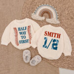 Custom Name And Number Football Half Way To First Baby Romper