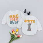 Custom Name And Numbers One Happy Dude Birthday Baby Romper