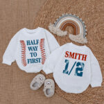 Custom Name And Number Football Half Way To First Baby Romper