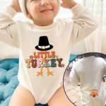 Custom Name Little Turkey Pilgrim Hat Thanksgiving Baby Romper