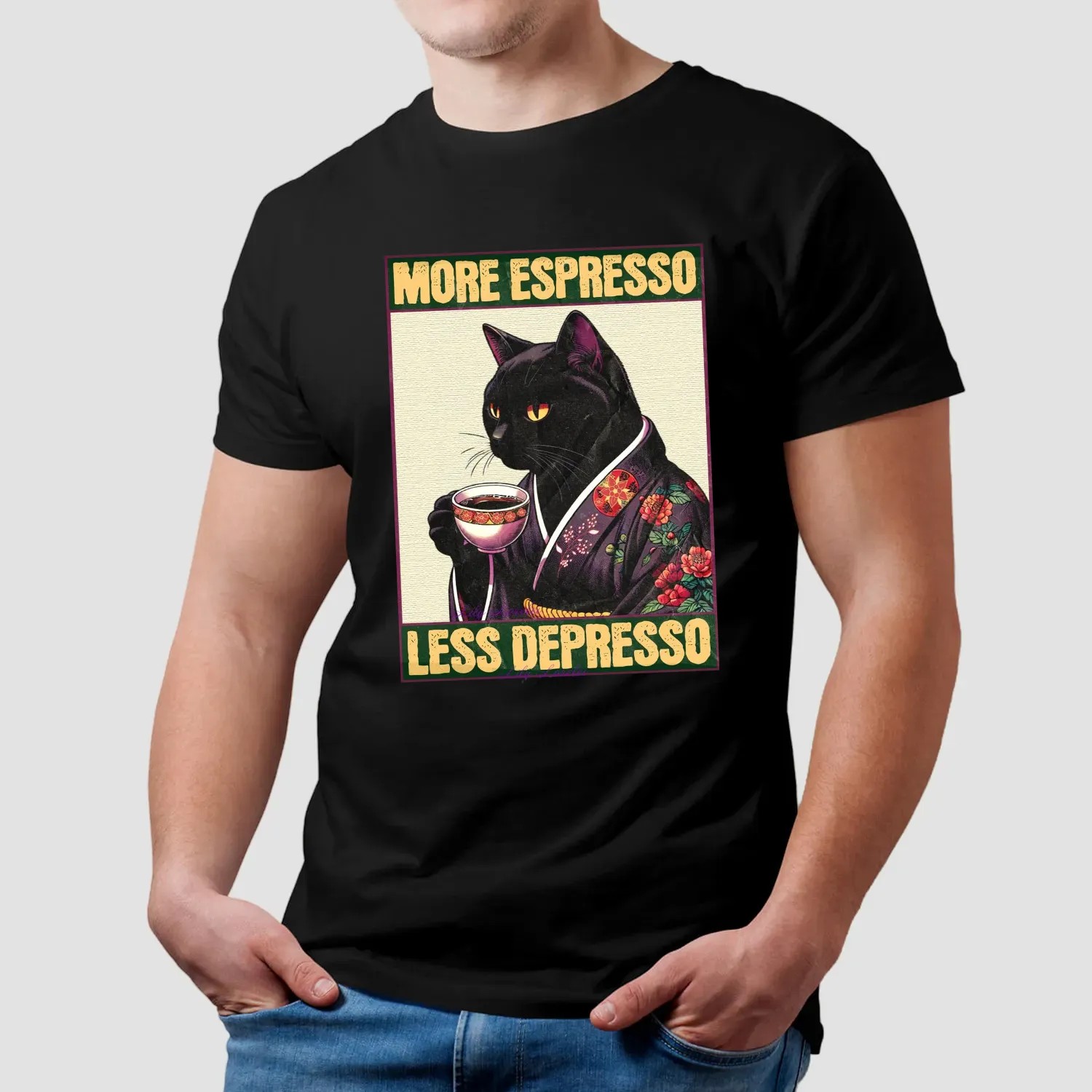 Cat Drinking Coffee More Espresso Less Depresso Meme T Shirt