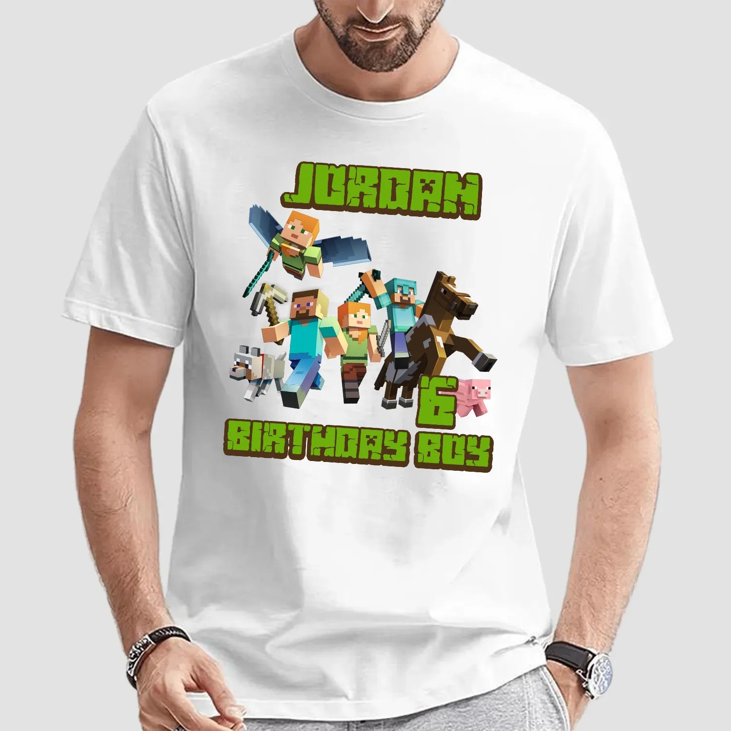 JORDAN Birthday Party Shirt, MineC Comfort Colors Shirt, Custom Family Birthday T-shirt, Gift for Kids, Mine Craft Family Matching Birthday Tees