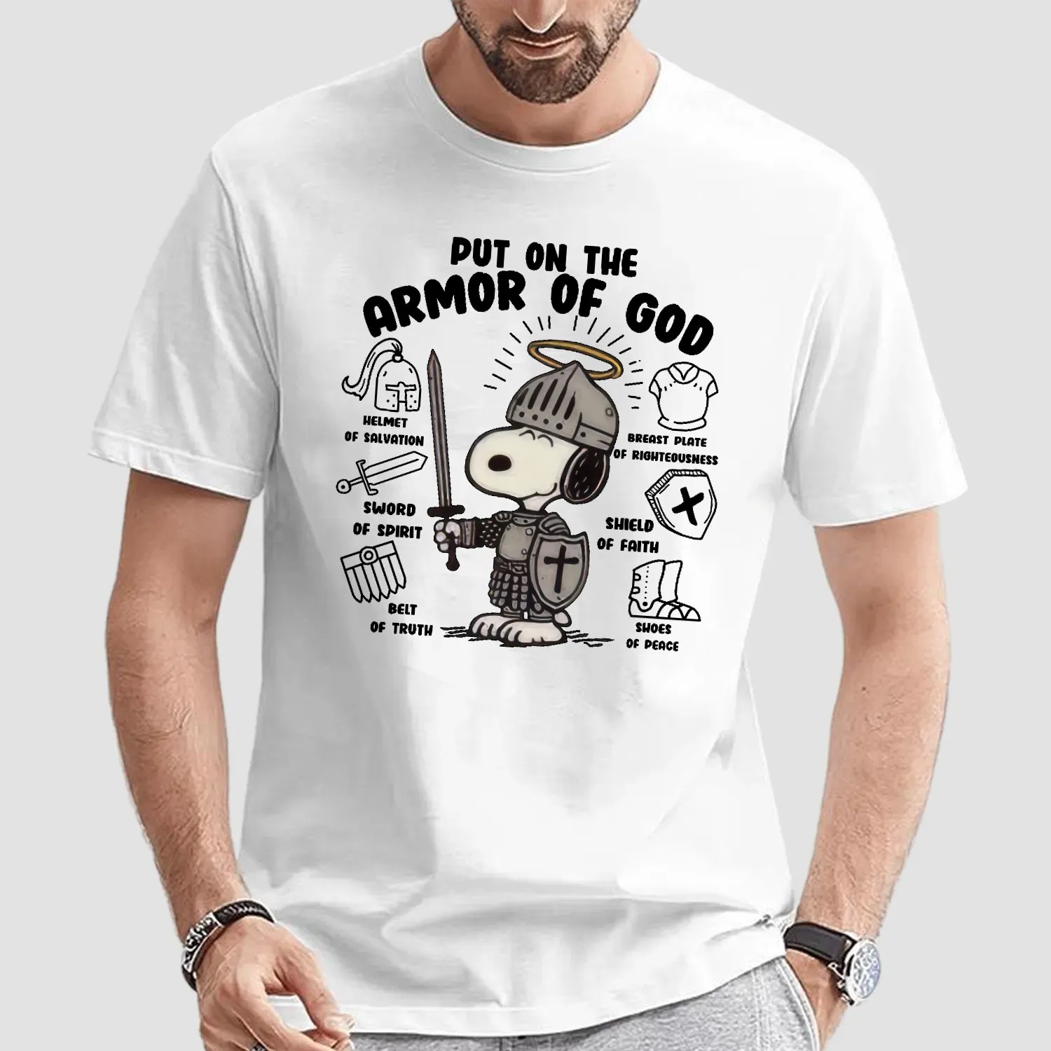 Snoopy Out On The Armor Of God Helmet Of Salvation Sword Of Spirit T Shirt
