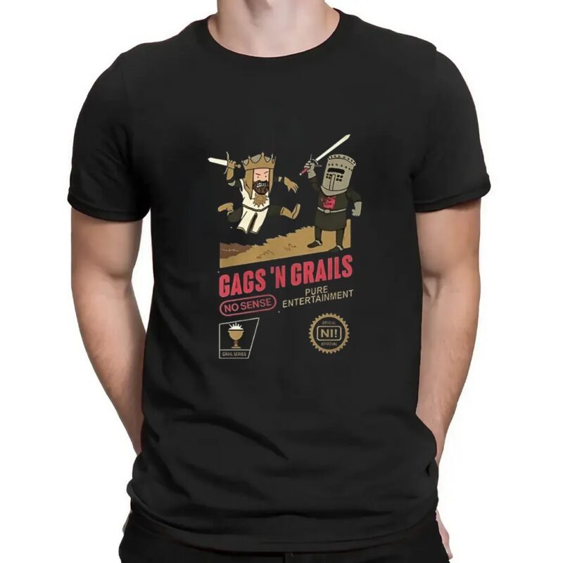 Gags ‘n Grails King Arthur and Black Knight Monty Python and the Holy Grail X vintage video game cartridge art t shirt