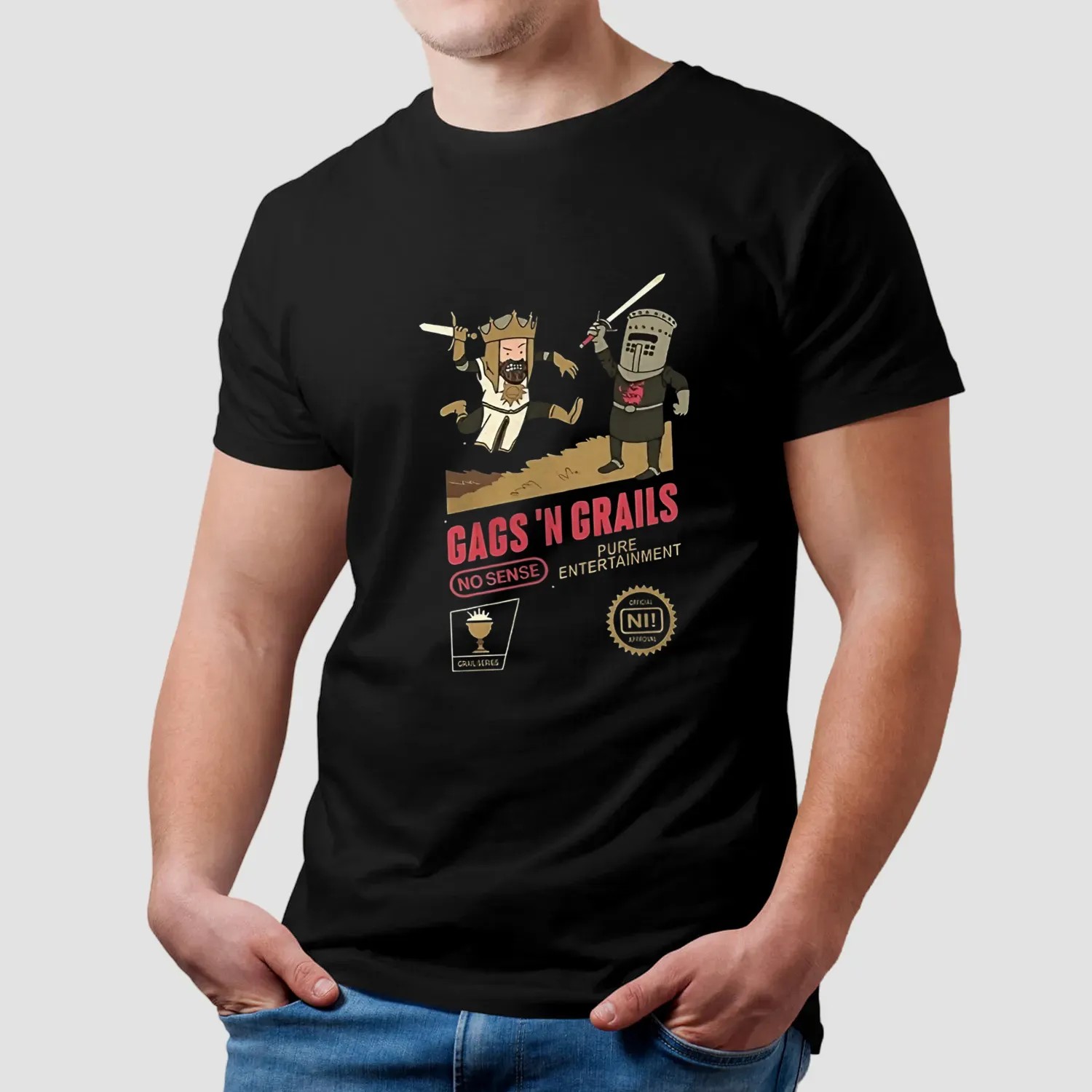 Gags ‘n Grails King Arthur and Black Knight Monty Python and the Holy Grail X vintage video game cartridge art t shirt