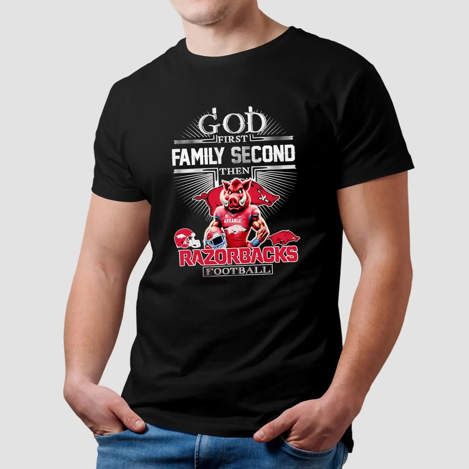 God First Family Second Then Arkansas Razorbacks Football Mascot Christian T Shirt