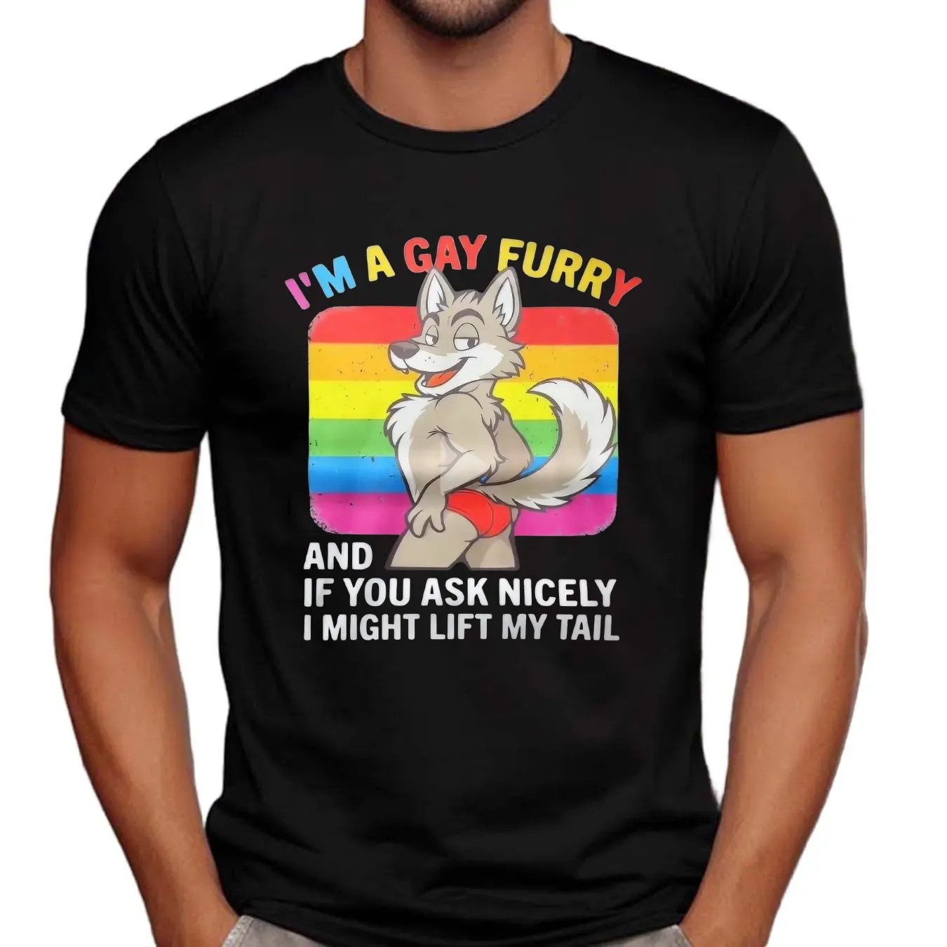 I'm A Gay Furry And If You Ask Nicely I Might Lift My Tail Wolf Lgbt Pride T Shirt
