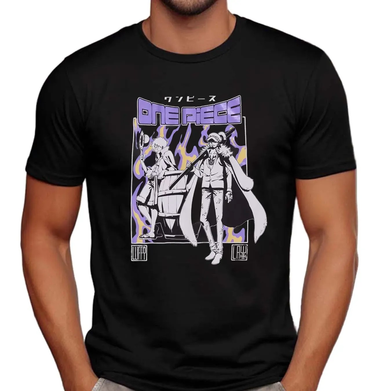 One Piece Luffy And Trafalgar Law Duo Purple Flames T Shirt