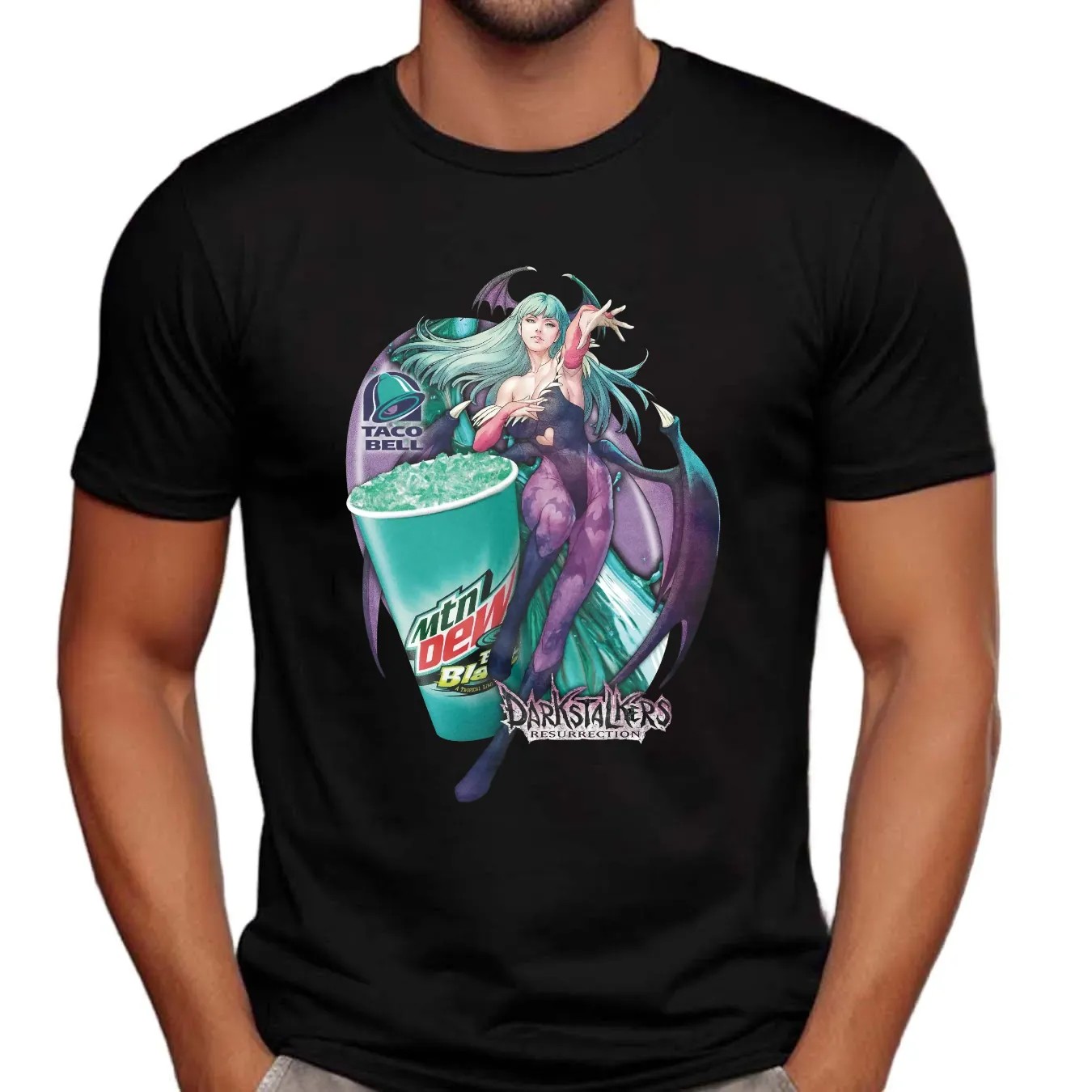 Darkstalkers Resurrection Morrigan Aensland Mtn Dew Baja Blast Drink And Taco Bell Mashup T Shirt