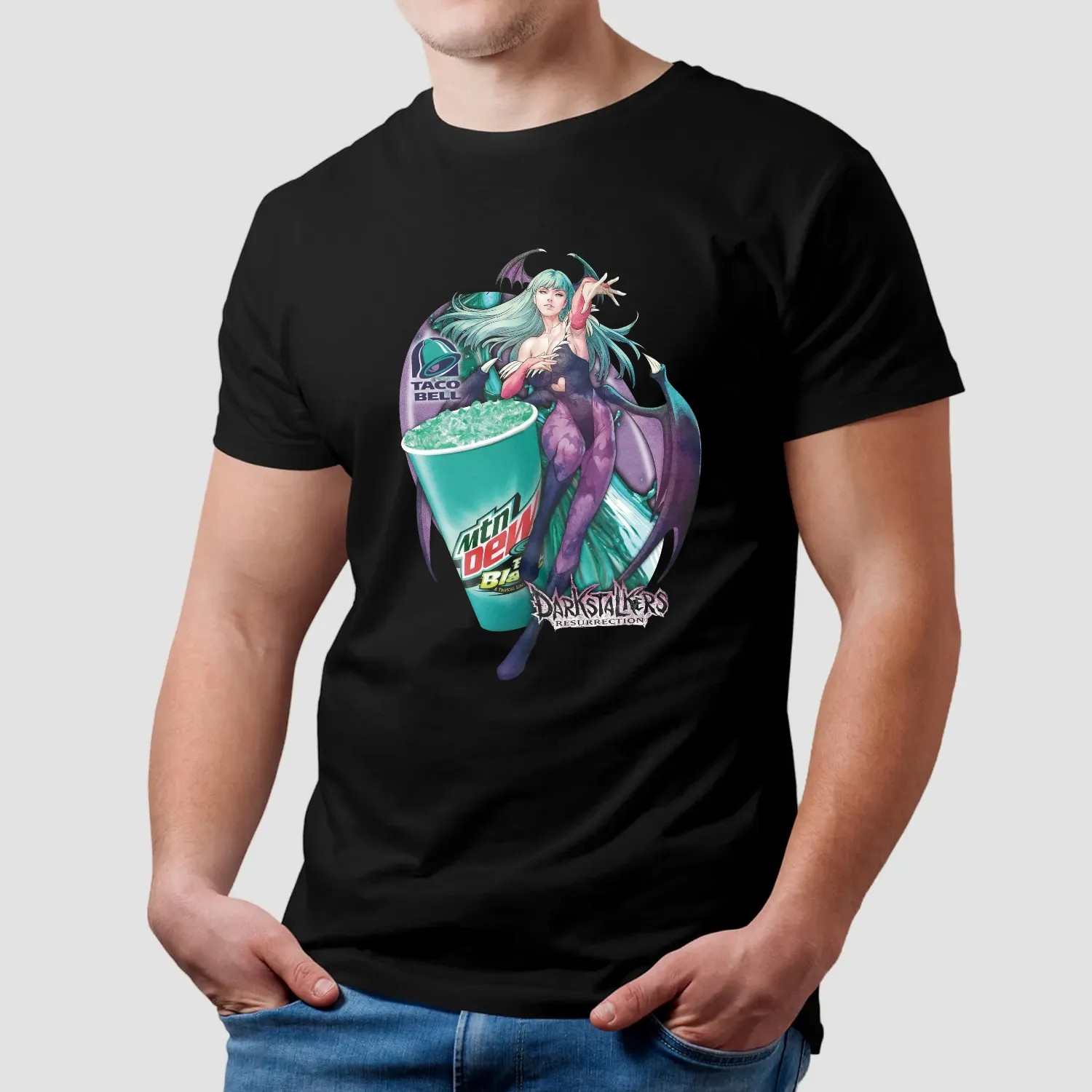 Darkstalkers Resurrection Morrigan Aensland Mtn Dew Baja Blast Drink And Taco Bell Mashup T Shirt