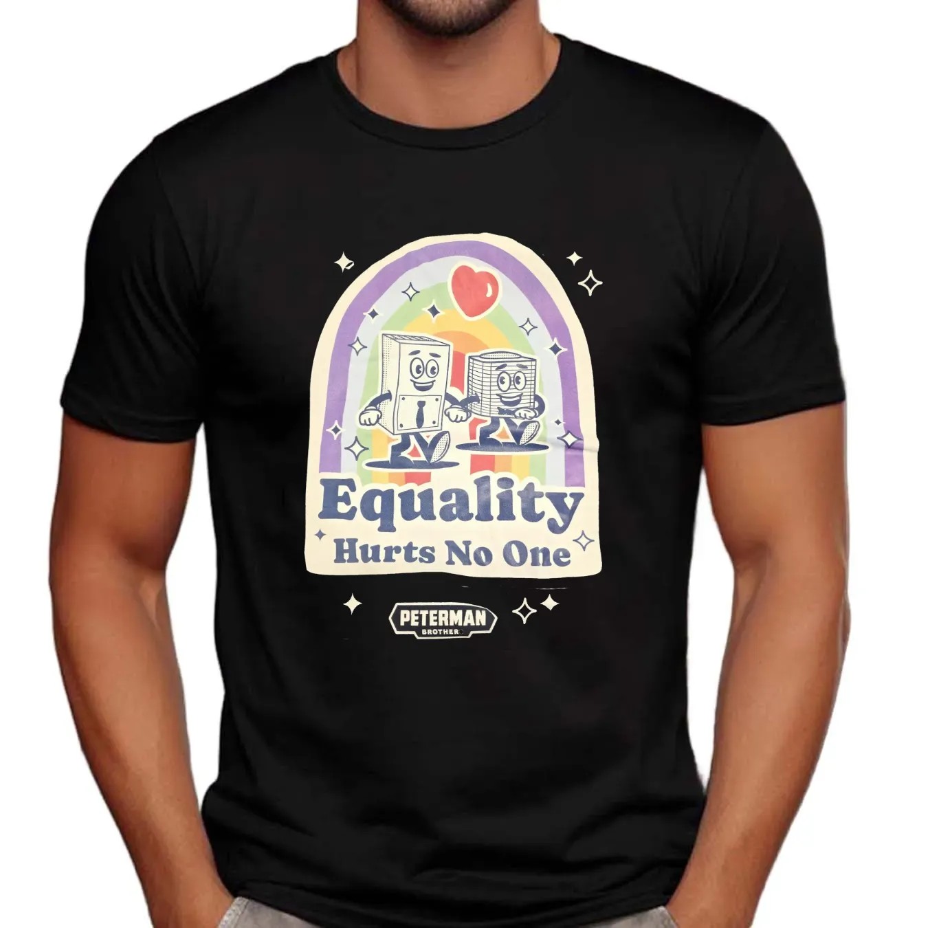 Equality slogan with rainbow heart and walking appliances cartoon t shirt