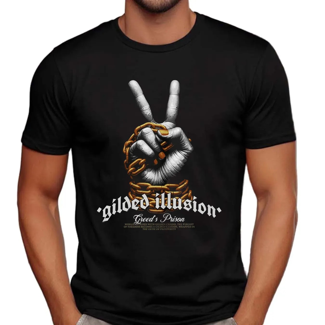 Gilded Illusion Greed's Prison World Adorned With Golden Chains T Shirt