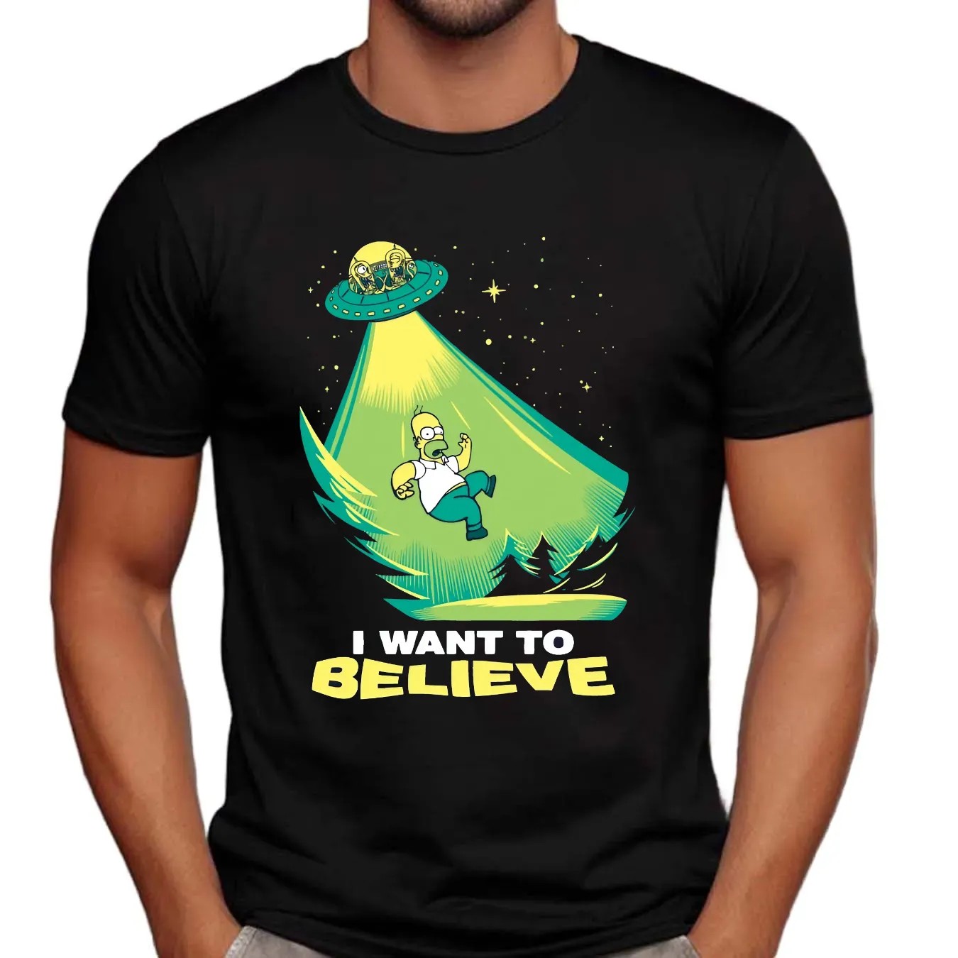 Homer Simpson I Want to Believe Parody Cartoon UFO Alien T Shirt