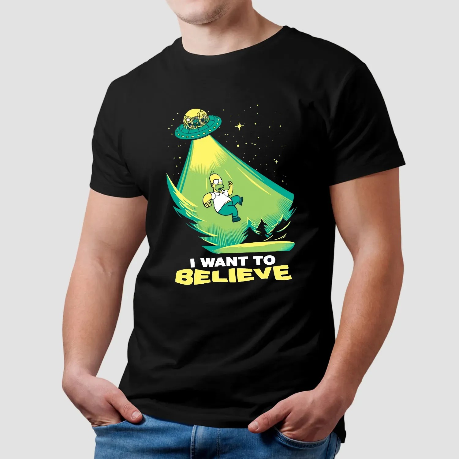 Homer Simpson I Want to Believe Parody Cartoon UFO Alien T Shirt