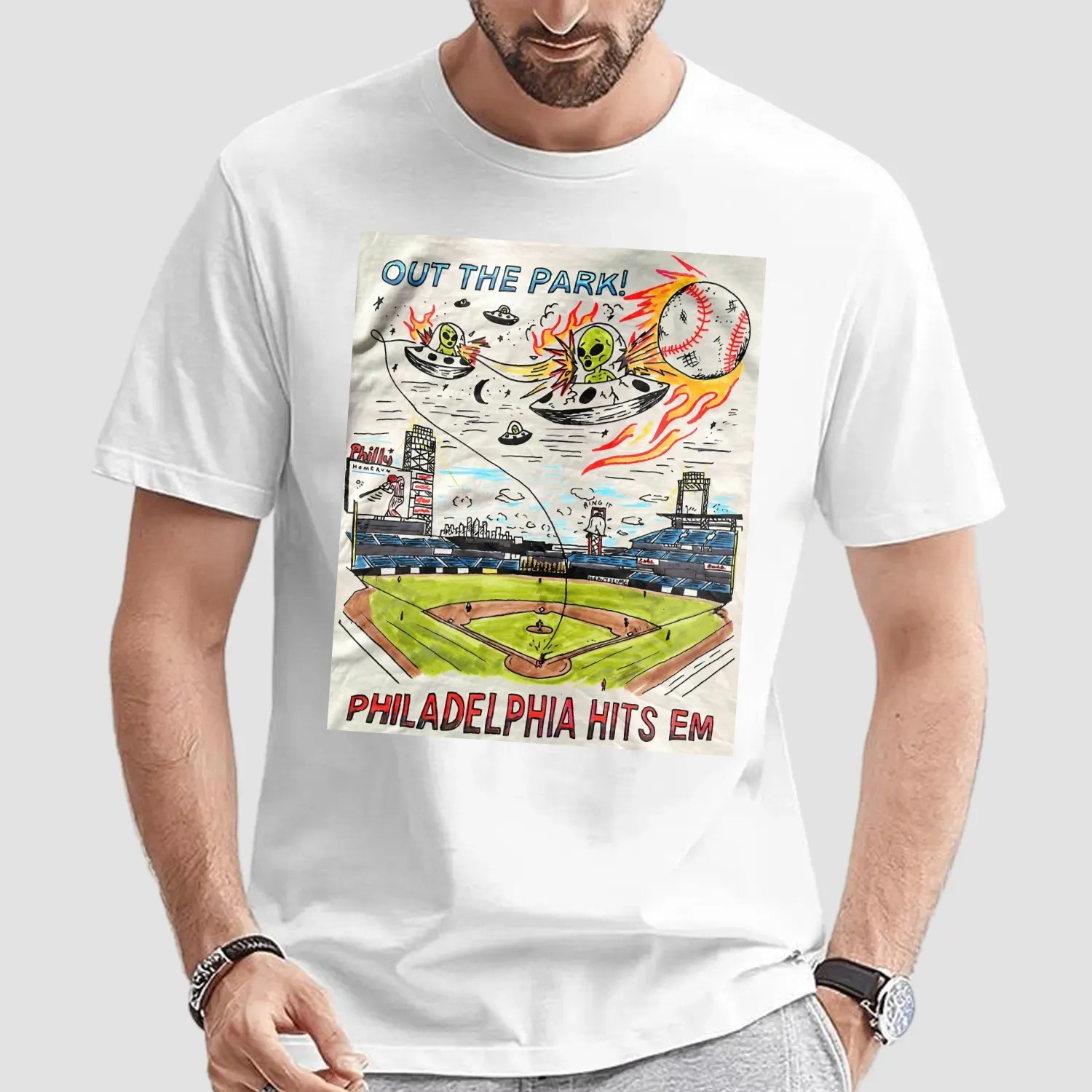 Out The Park Philadelphia Hits Em Phillies Alien Invasion Baseball T Shirt