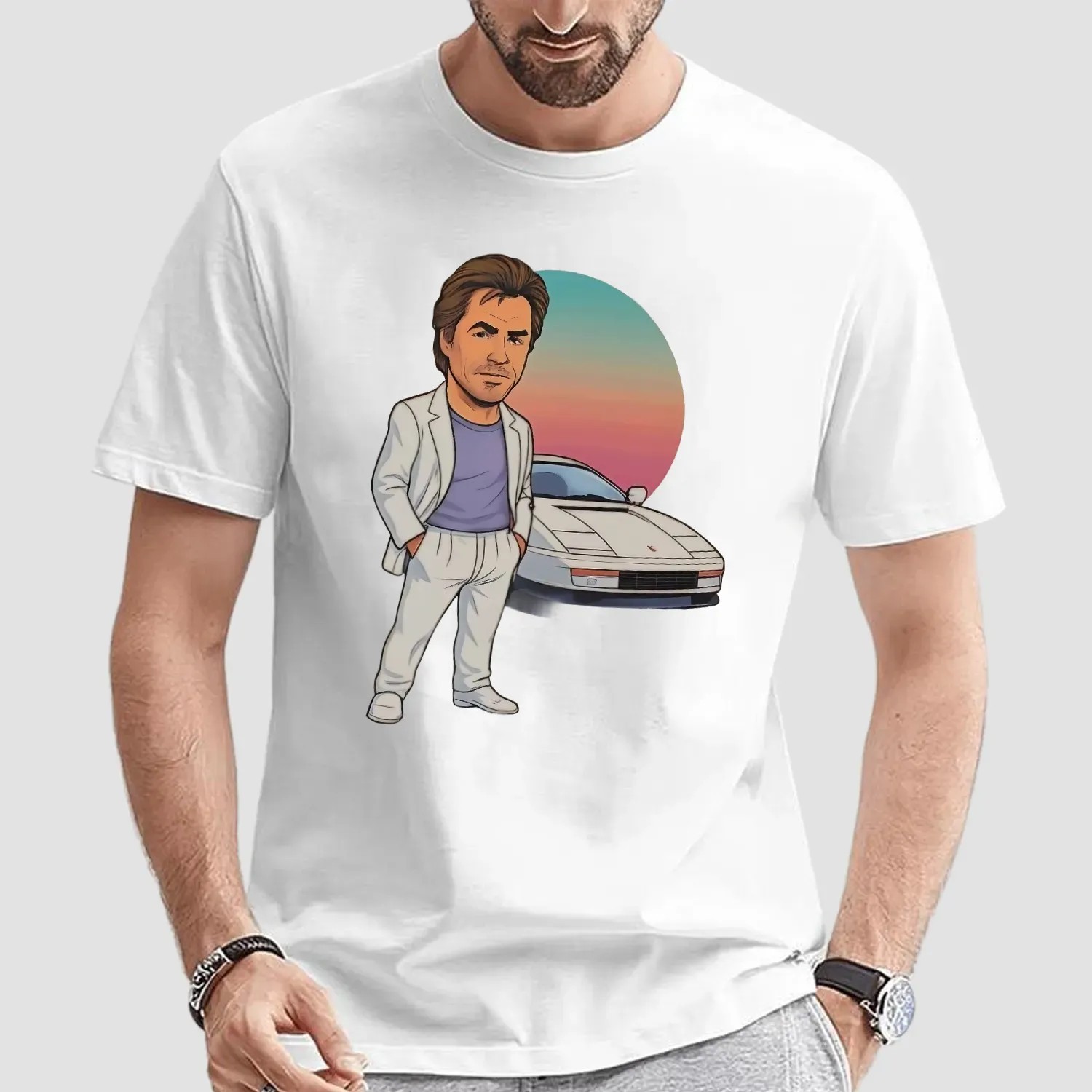 Sonny Crockett Miami Vice Car Caricature Vintage T Shirt