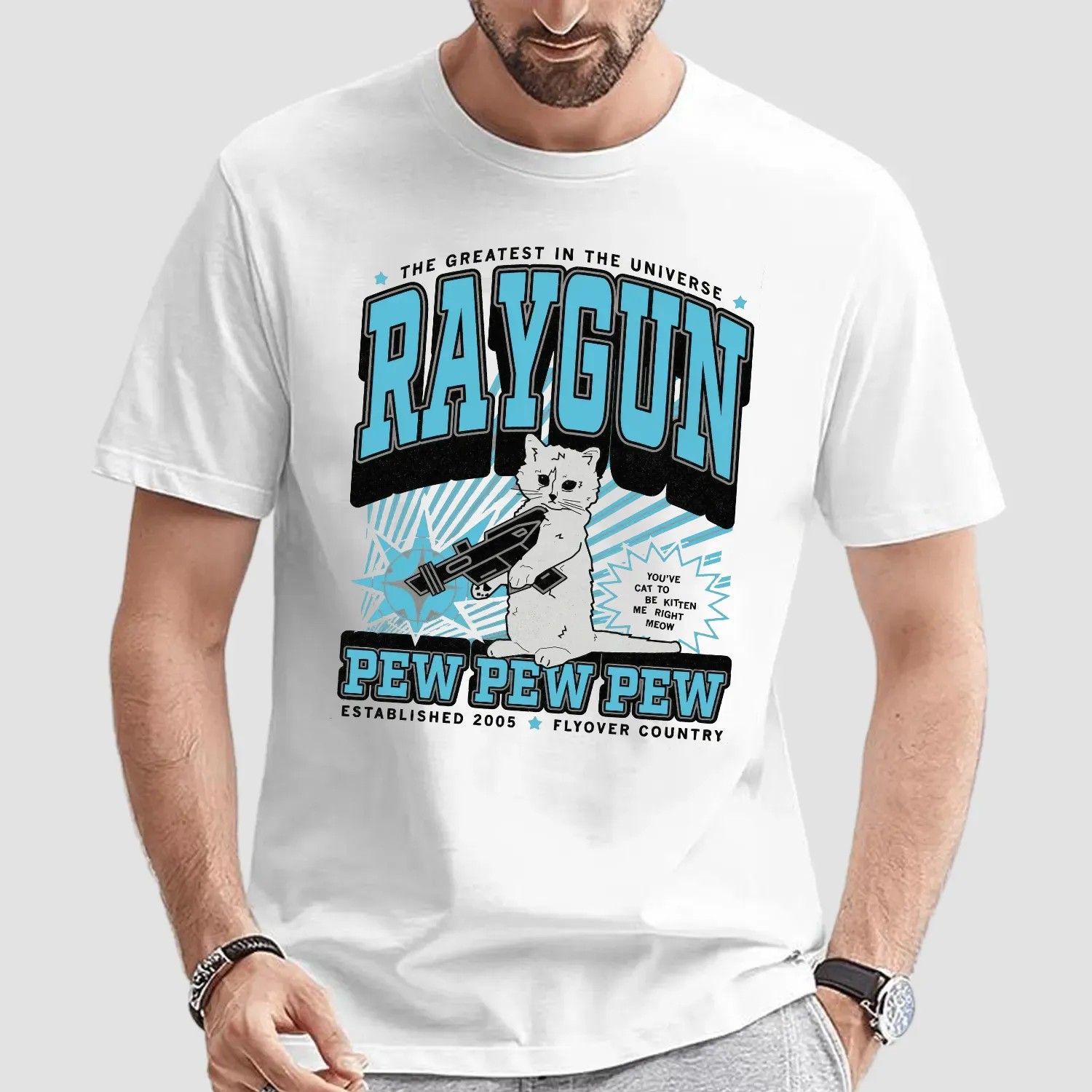The Greatest In The Universe Cat Pew Pew Pew Estd 2005 Flyover Country T Shirt