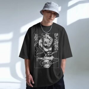 Retro Inosuke Hashibira Demon Slayer Boar Mask Samurai Style Anime T Shirt