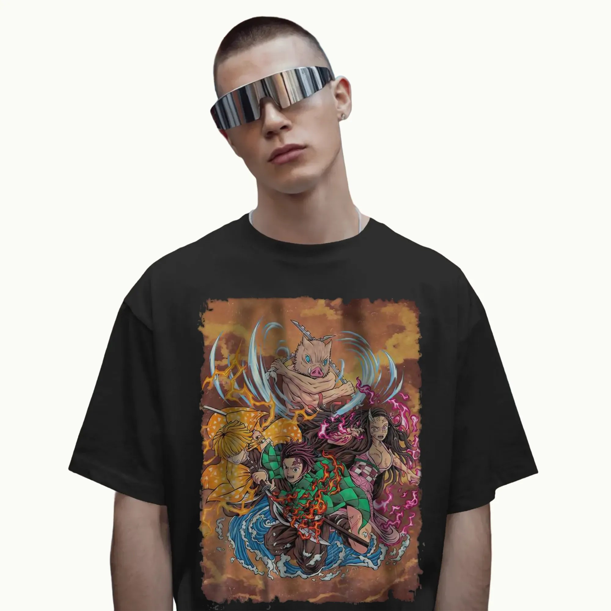Demon Slayer Battle Tanjiro, Nezuko, Zenitsu & Inosuke Kimetsu no Yaiba Anime T Shirt
