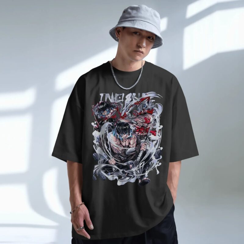 Demon Slayer Inosuke 3 Forms Boar Mask Human Face Battle Anime T Shirt