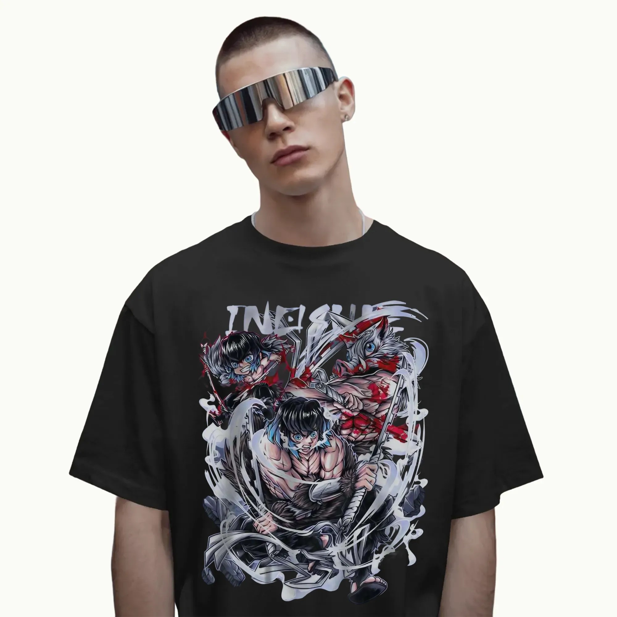 Demon Slayer Inosuke 3 Forms Boar Mask Human Face Battle Anime T Shirt