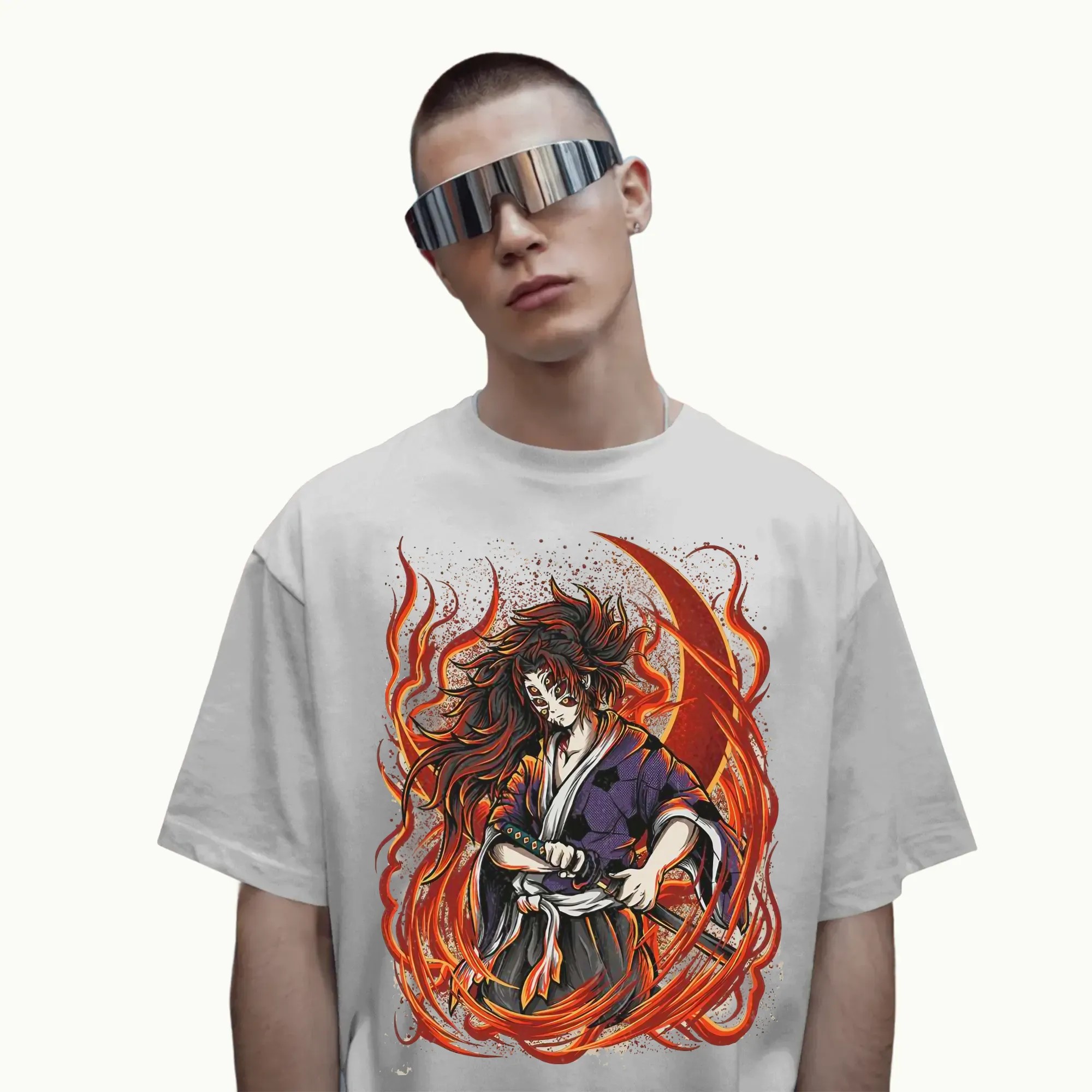 Demon Slayer Kokushibo Flame Aura Upper Moon One Fiery Power Anime Graphic T Shirt