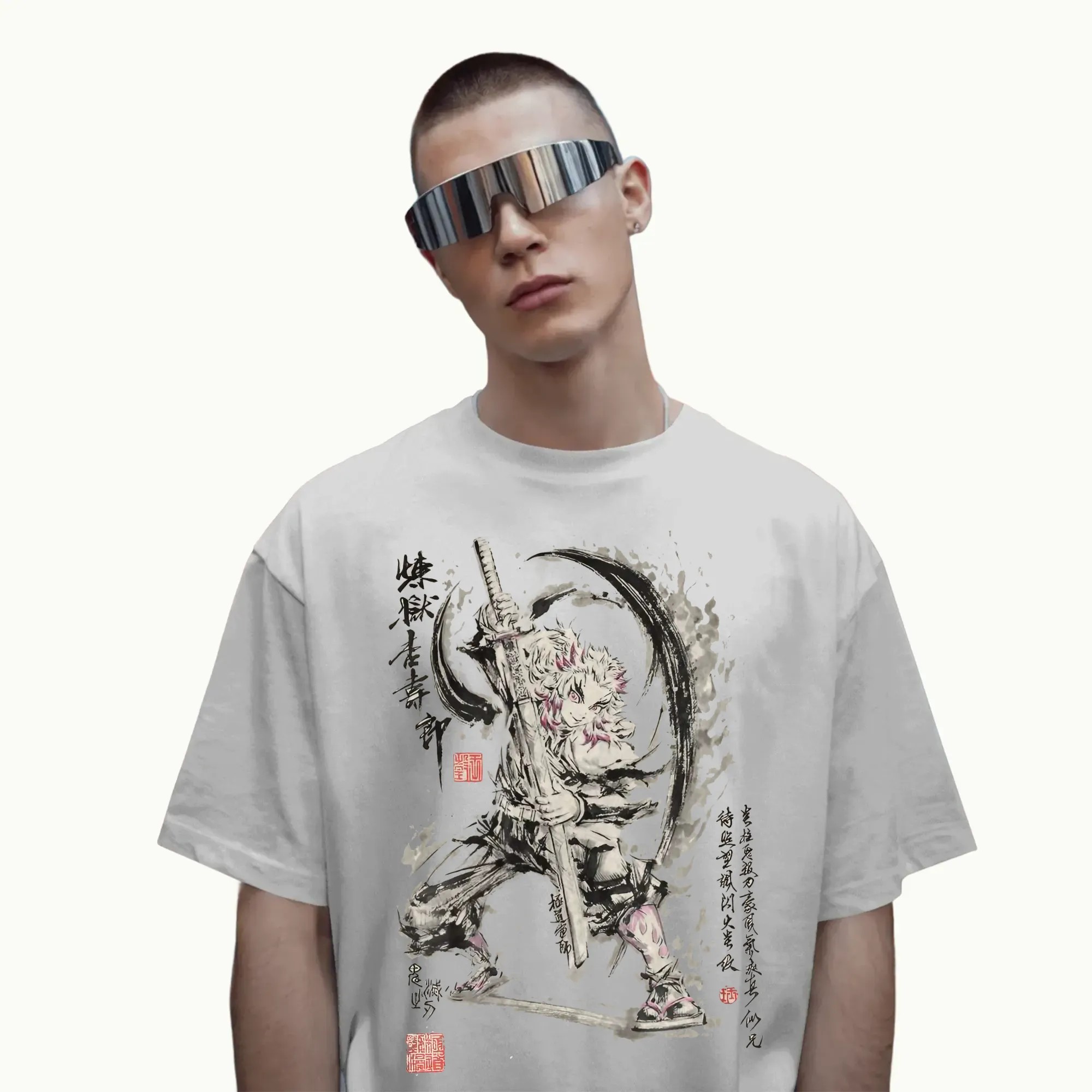 Demon Slayer Rengoku Kyojuro Flame Hashira Samurai Ink Art T Shirt