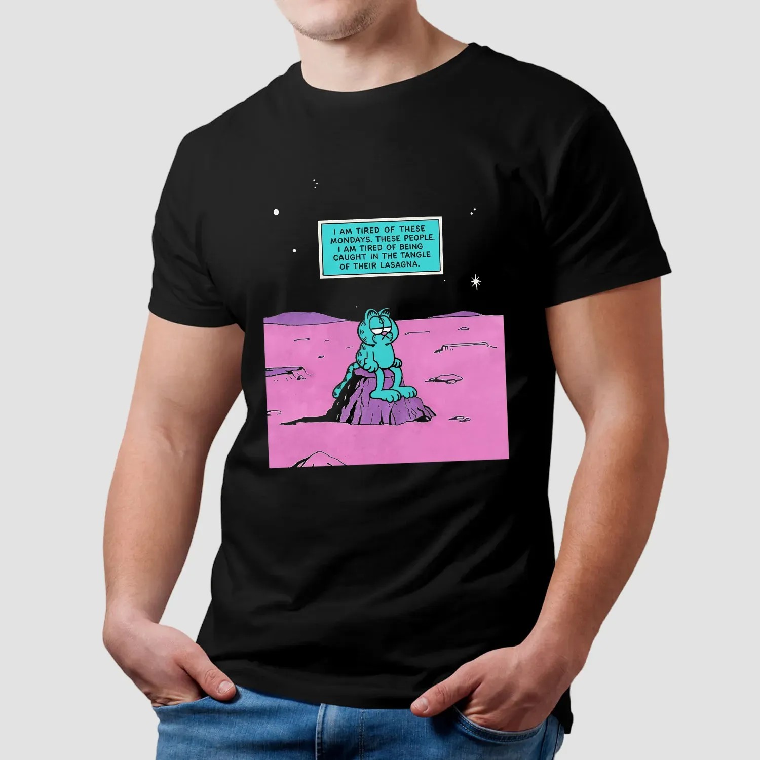 Garfield I Am Tired Of These Mondays These People I Am Tired Of Being Caught In The Tangle Of Their Lasagna Dr Manhattan Parody T Shirt