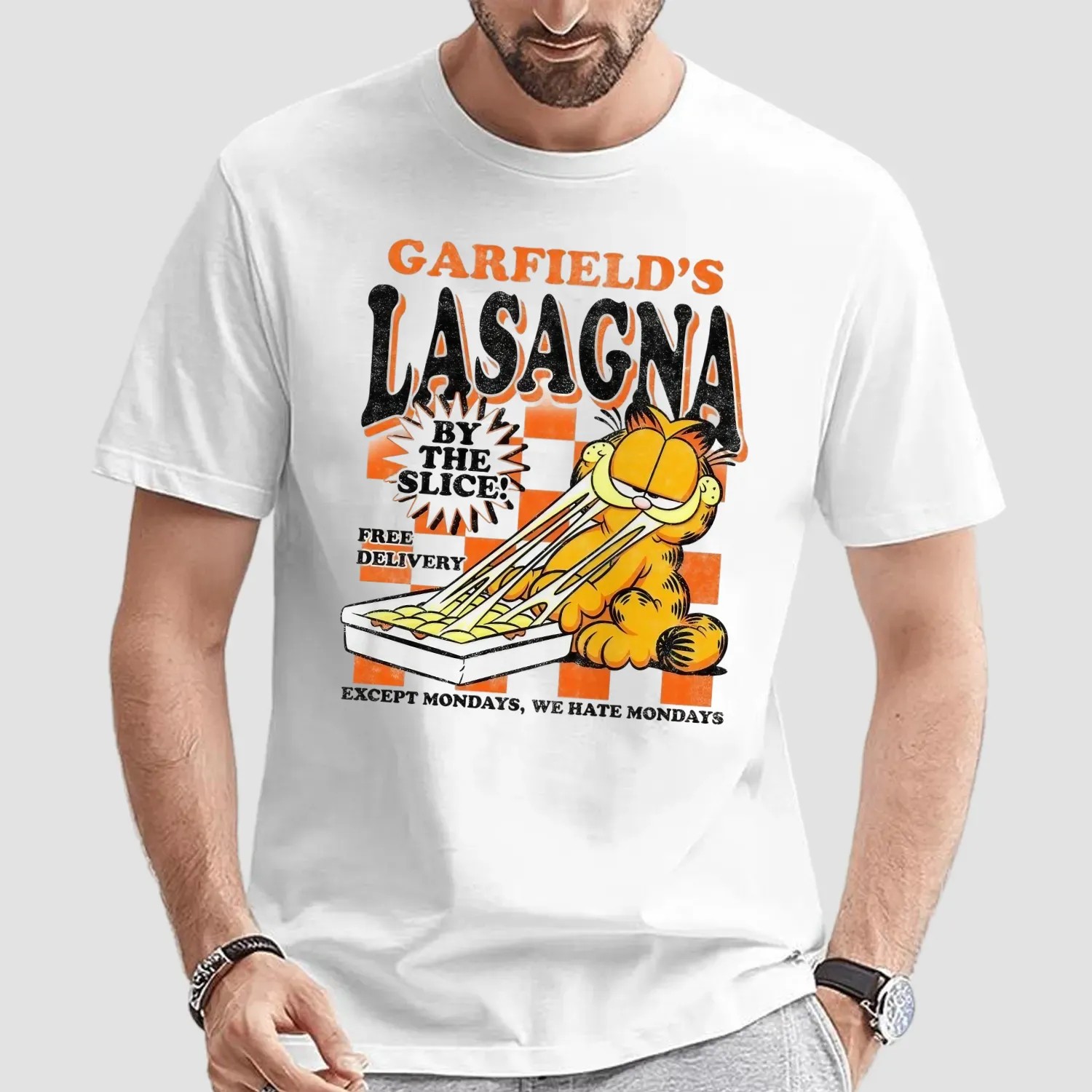 Garfield's Lasagna By The Slice Free Delivery Except Mondays We Hate Mondays T Shirt