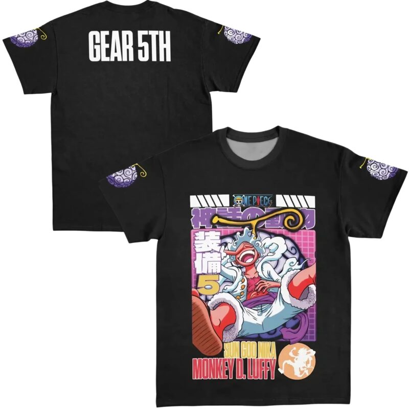 Gear 5th Luffy V3 Sun God Nika One Piece Extra Print - Large Print - Sleeve Print 2 Sides T Shirt