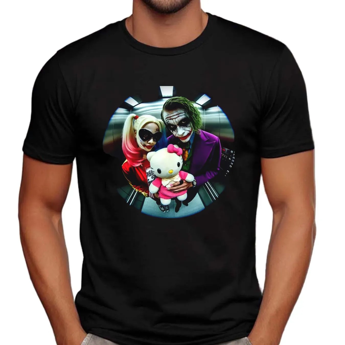 Harley Quinn X Joker X Hello Kitty Elevator Fisheye Lens T Shirt