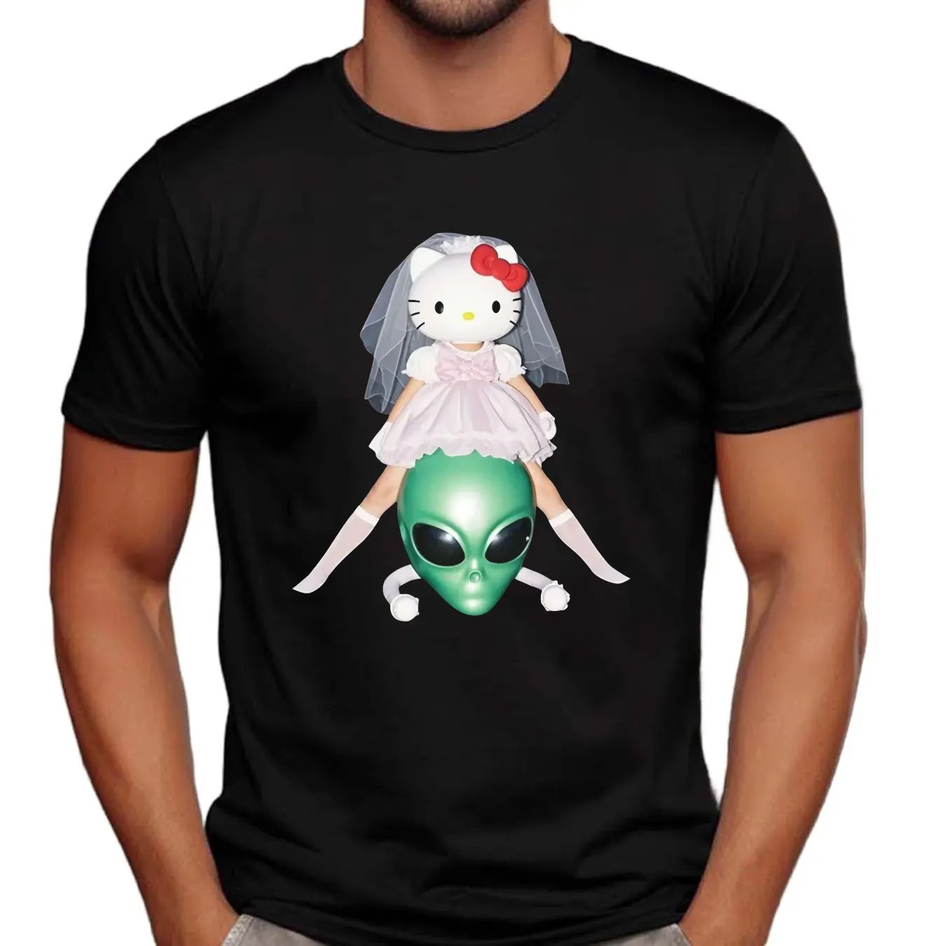 Hello Kitty Bride x Alien Head Quirky Surreal Graphic T Shirt