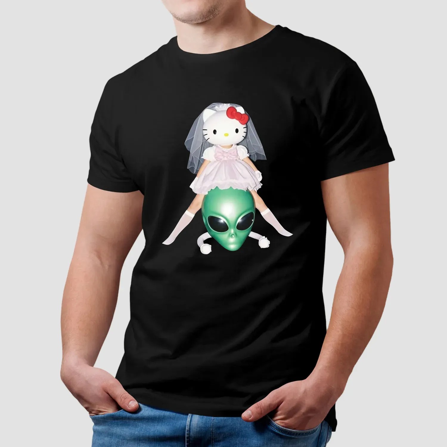 Hello Kitty Bride x Alien Head Quirky Surreal Graphic T Shirt