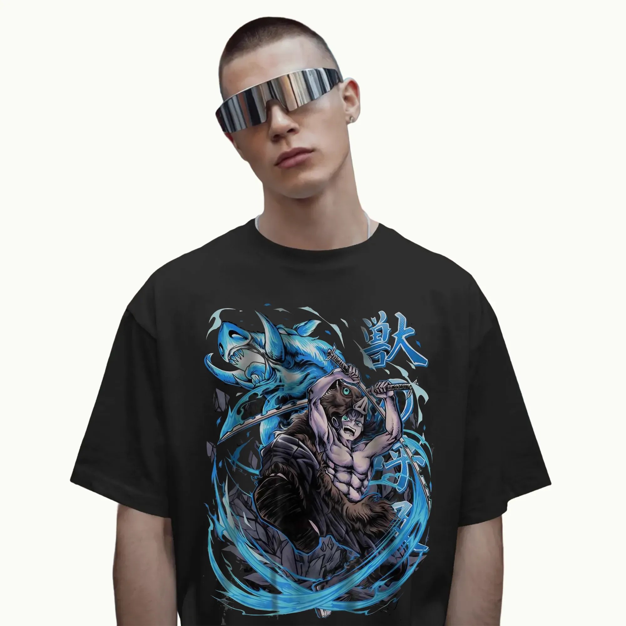 Inosuke Beast Breathing Blue Aura Graphic Demon Slayer Anime T Shirt