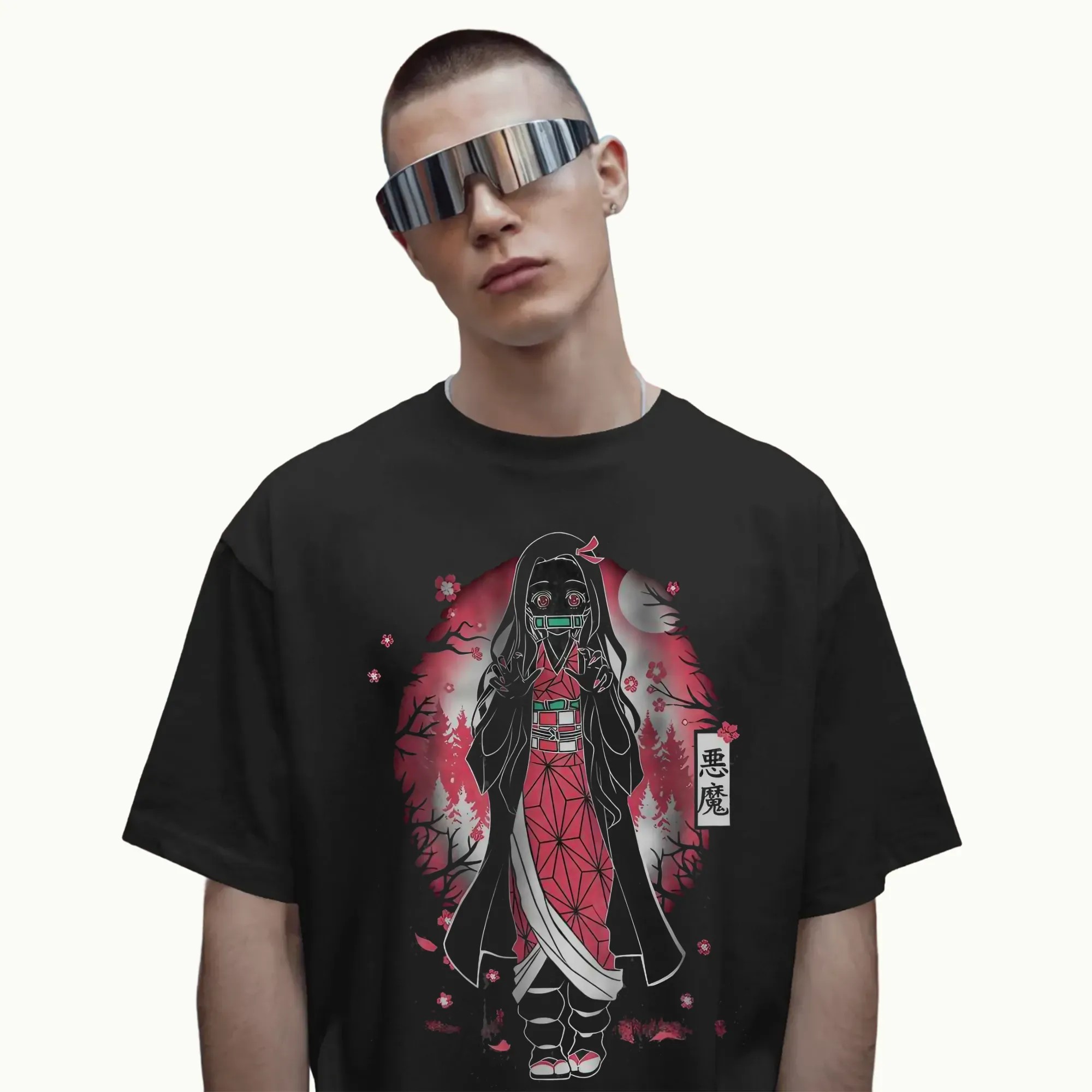 Nezuko Kimetsu no Yaiba Dark Forest Cherry Blossom Moon Scene Anime Horror Style T Shirt